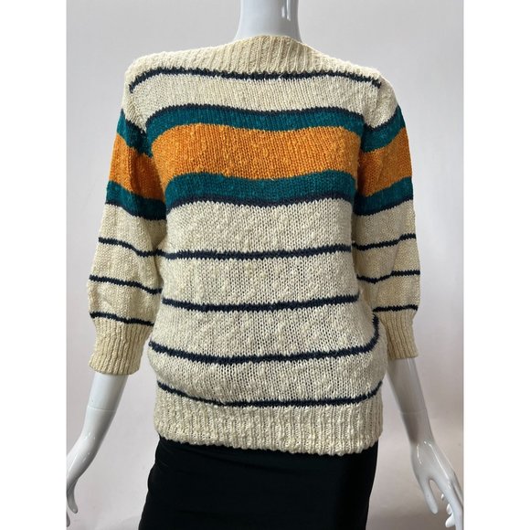 Liz Claiborne Vintage Stripe Boatneck Sweater  Sz Small Beige  Stripe - Picture 1 of 16